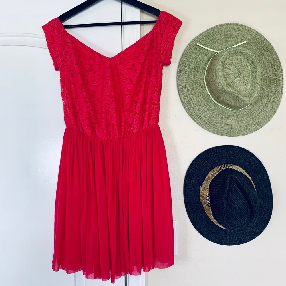 ASOS Barbie Pink Mesh Lace Off-the-Shoulder Fit & Flare Mini Dress | Size: 6/S